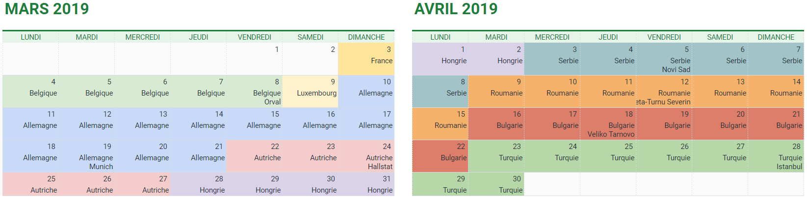Planning mars / avril 2019